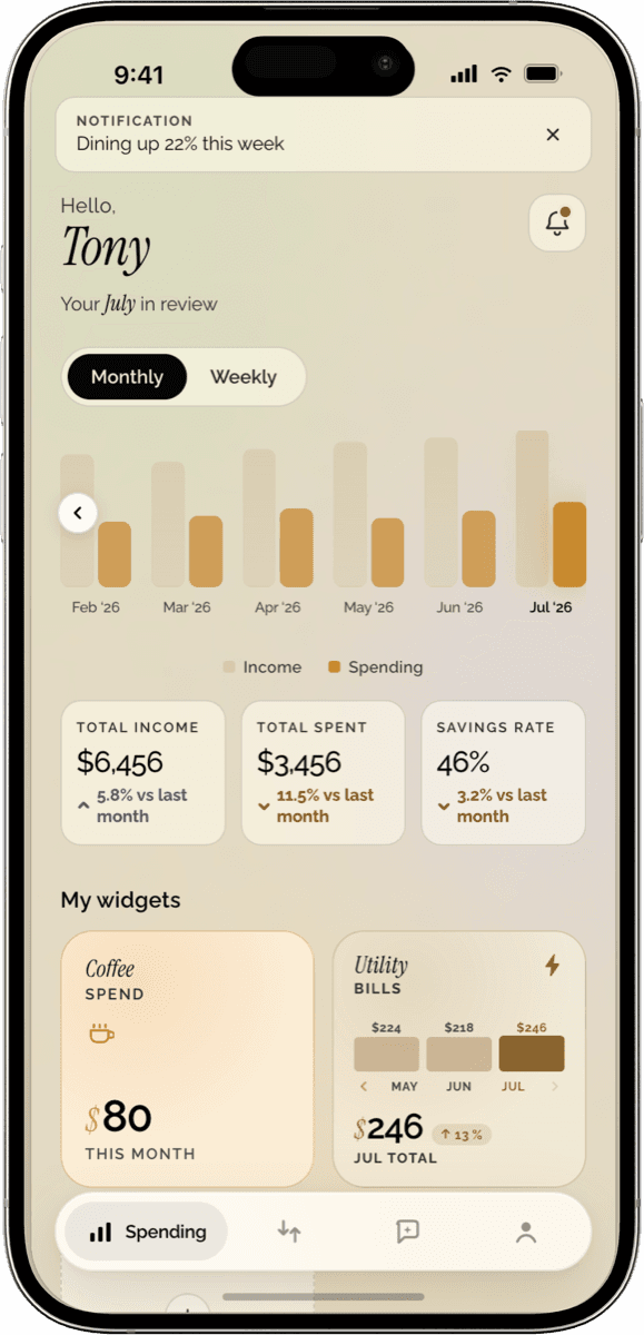 The Ponder app's spending dashboard, showing monthly income and expenses, savings rate, and personalized widgets for coffee spend and utility bills.